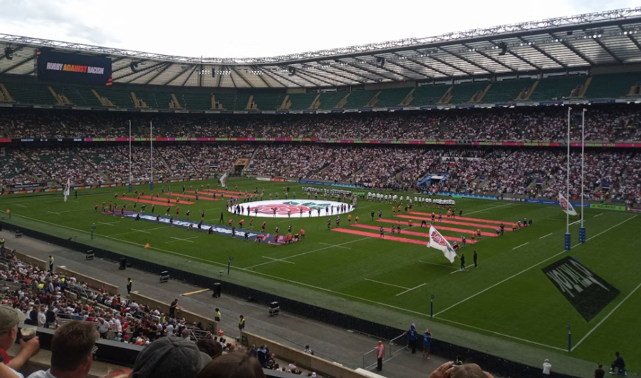 A Packed House Rugby Match and All the Fans Cheering!